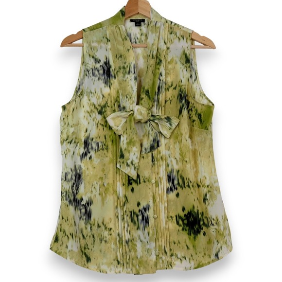 Ann Taylor Tops - Ann Taylor Womens Silk Blouse 8 Green Watercolor Tie Neck Sleeveless Office Work